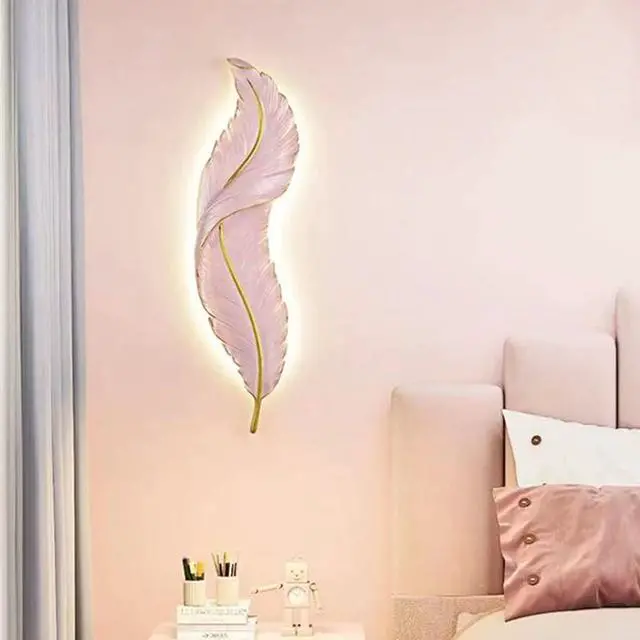 Alt view image 3 of 7 - Feather Wall Light LED Dimmable Sconces Wall Lighting Mid Century Modern Wall Sconce Lights with Pink Elegant Feather Style Unique Resin Design for Bedroom Living Room Hallway Foyer