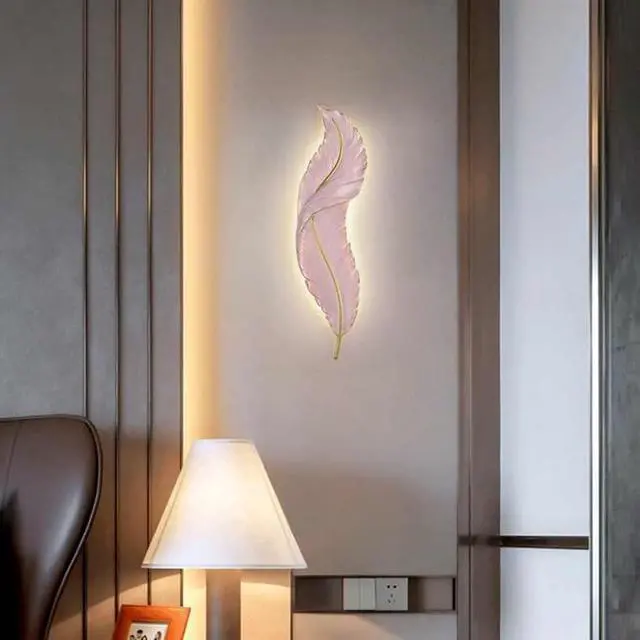 Alt view image 5 of 7 - Feather Wall Light LED Dimmable Sconces Wall Lighting Mid Century Modern Wall Sconce Lights with Pink Elegant Feather Style Unique Resin Design for Bedroom Living Room Hallway Foyer