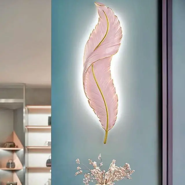 Alt view image 4 of 7 - Feather Wall Light LED Dimmable Sconces Wall Lighting Mid Century Modern Wall Sconce Lights with Pink Elegant Feather Style Unique Resin Design for Bedroom Living Room Hallway Foyer
