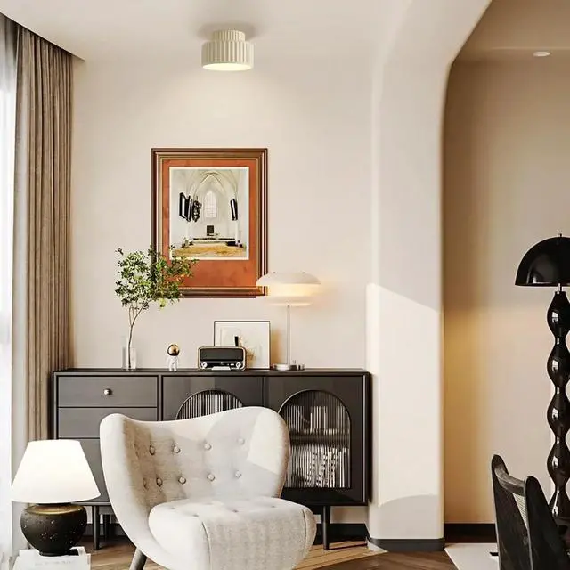 Alt view image 3 of 7 - Hallway Flush Mount Ceiling Light Nordic Vintage Ceiling Light Fixture 2-Layer Round Light with Striped Shade Mid Century Modern Ceiling Lamp Resin Ceiling Lights fixtures (White)