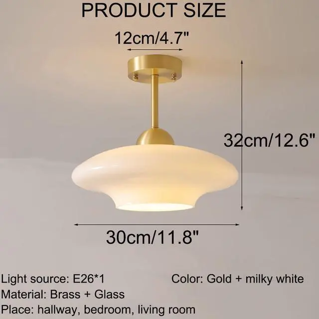 Alt view image 2 of 7 - White Glass Ceiling Light Modern Glass Semi Flush Mount Ceiling Light with Milk Globe Dome Shade Mid Century Ceiling Lights Gold Brass Hallway Lighting Fixtures Dining Room Bedroom