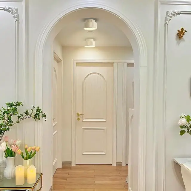 Alt view image 4 of 7 - Hallway Flush Mount Ceiling Light Nordic Vintage Ceiling Light Fixture 2-Layer Round Light with Striped Shade Mid Century Modern Ceiling Lamp Resin Ceiling Lights fixtures (White)
