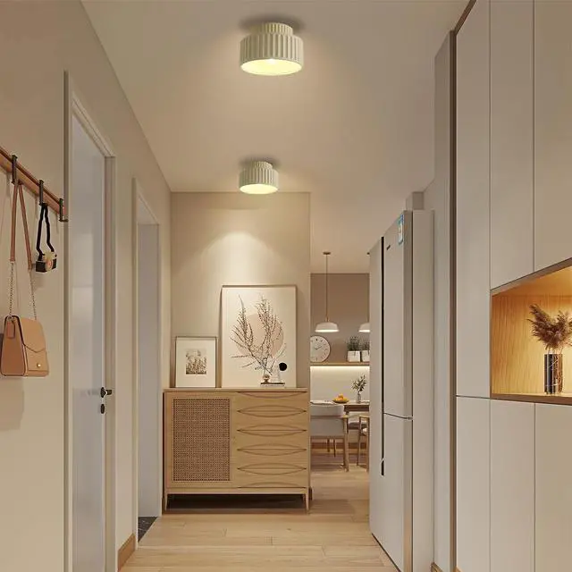Alt view image 5 of 7 - Hallway Flush Mount Ceiling Light Nordic Vintage Ceiling Light Fixture 2-Layer Round Light with Striped Shade Mid Century Modern Ceiling Lamp Resin Ceiling Lights fixtures (White)