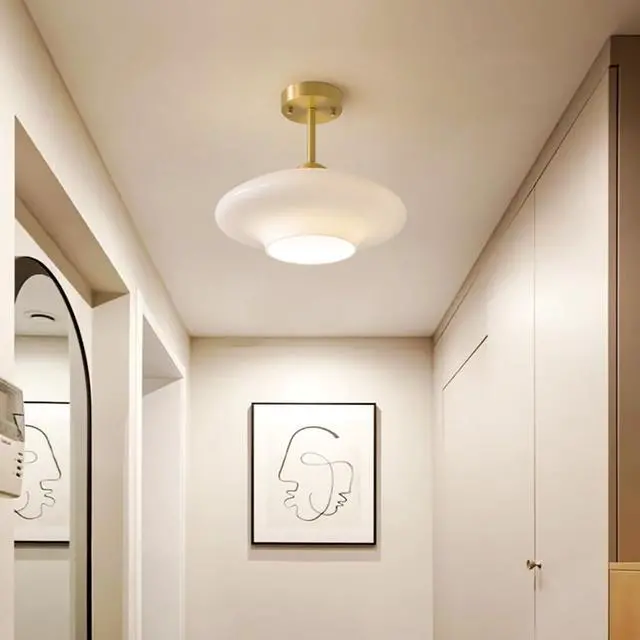 Alt view image 3 of 7 - White Glass Ceiling Light Modern Glass Semi Flush Mount Ceiling Light with Milk Globe Dome Shade Mid Century Ceiling Lights Gold Brass Hallway Lighting Fixtures Dining Room Bedroom