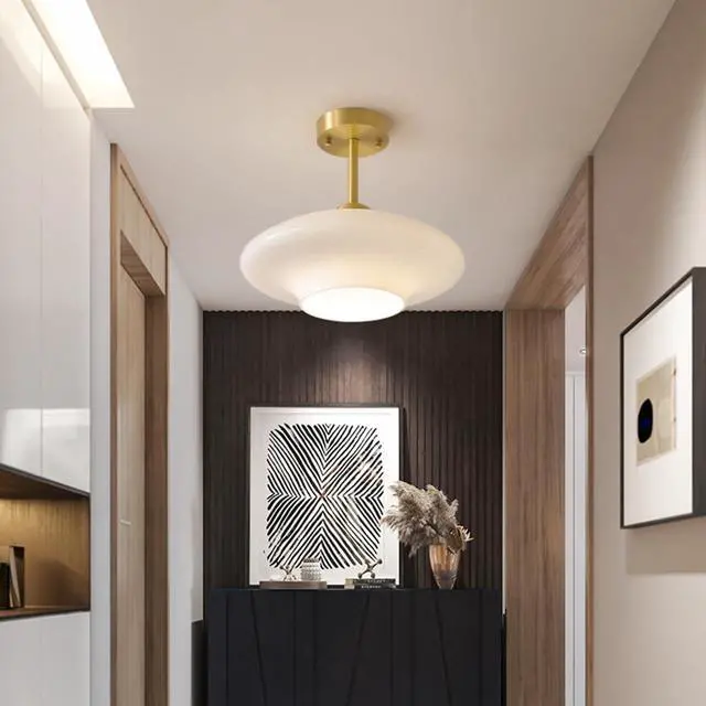 Alt view image 4 of 7 - White Glass Ceiling Light Modern Glass Semi Flush Mount Ceiling Light with Milk Globe Dome Shade Mid Century Ceiling Lights Gold Brass Hallway Lighting Fixtures Dining Room Bedroom