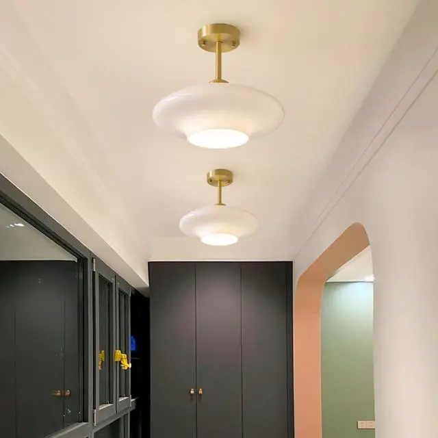 Alt view image 5 of 7 - White Glass Ceiling Light Modern Glass Semi Flush Mount Ceiling Light with Milk Globe Dome Shade Mid Century Ceiling Lights Gold Brass Hallway Lighting Fixtures Dining Room Bedroom