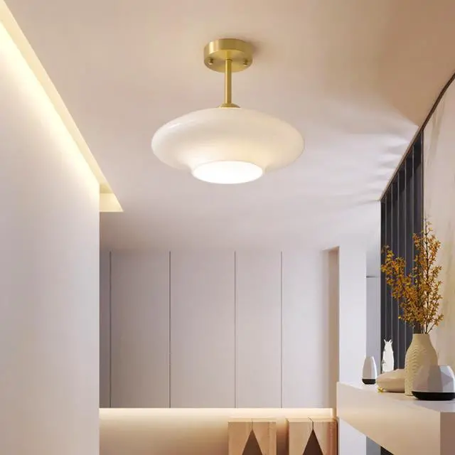 Alt view image 6 of 7 - White Glass Ceiling Light Modern Glass Semi Flush Mount Ceiling Light with Milk Globe Dome Shade Mid Century Ceiling Lights Gold Brass Hallway Lighting Fixtures Dining Room Bedroom