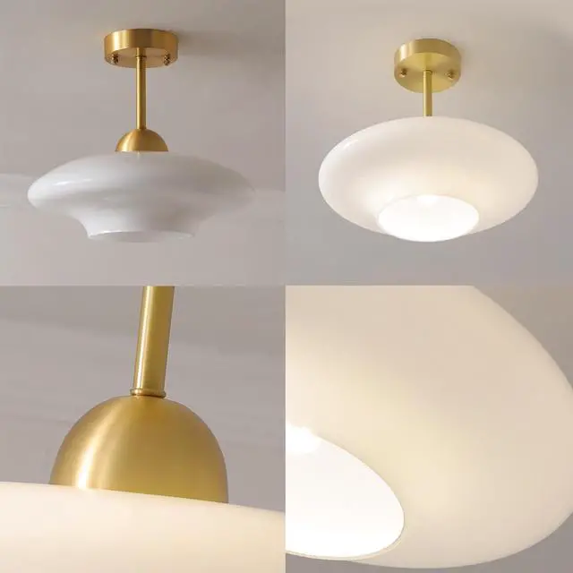 Alt view image 7 of 7 - White Glass Ceiling Light Modern Glass Semi Flush Mount Ceiling Light with Milk Globe Dome Shade Mid Century Ceiling Lights Gold Brass Hallway Lighting Fixtures Dining Room Bedroom
