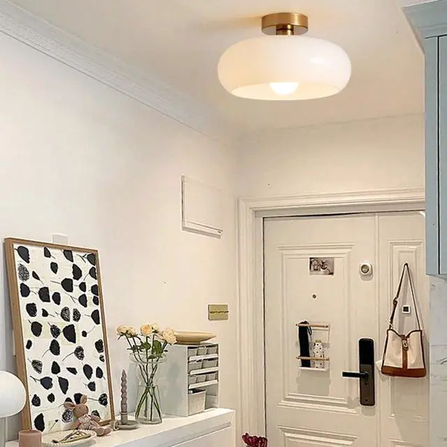 Alt view image 3 of 7 - White Ceiling Light Glass Gold Flush Mount Ceiling Light mid Century Ceiling Light Fixtures with Milky Glass Dome Glass Shade Modern Minimalist Style Ceiling Lamp Hallway Bedroom