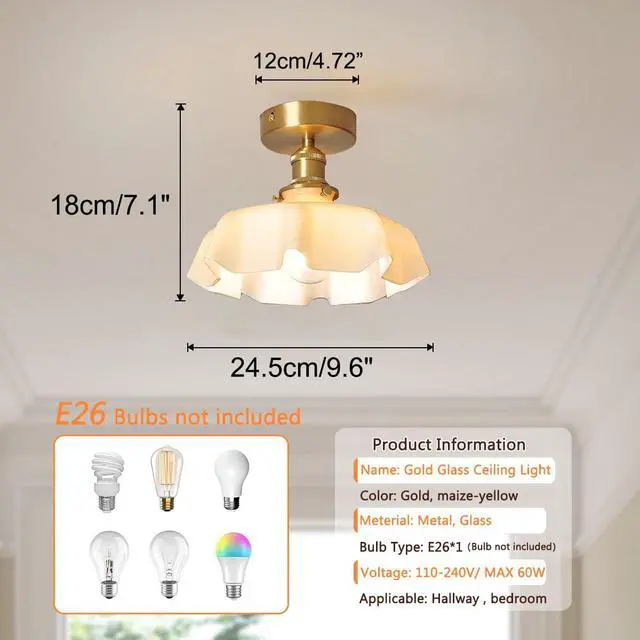 Alt view image 2 of 7 - Flush Mount Ceiling Light Gold Brass Ceiling Light Fixtures Milk Glass Shade 1-Light Modern Close to Ceiling Light Mid Century Ceiling Pendant Lamp for Hallway Dining Room Bedroom