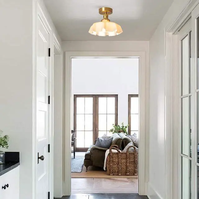 Alt view image 3 of 7 - Flush Mount Ceiling Light Gold Brass Ceiling Light Fixtures Milk Glass Shade 1-Light Modern Close to Ceiling Light Mid Century Ceiling Pendant Lamp for Hallway Dining Room Bedroom