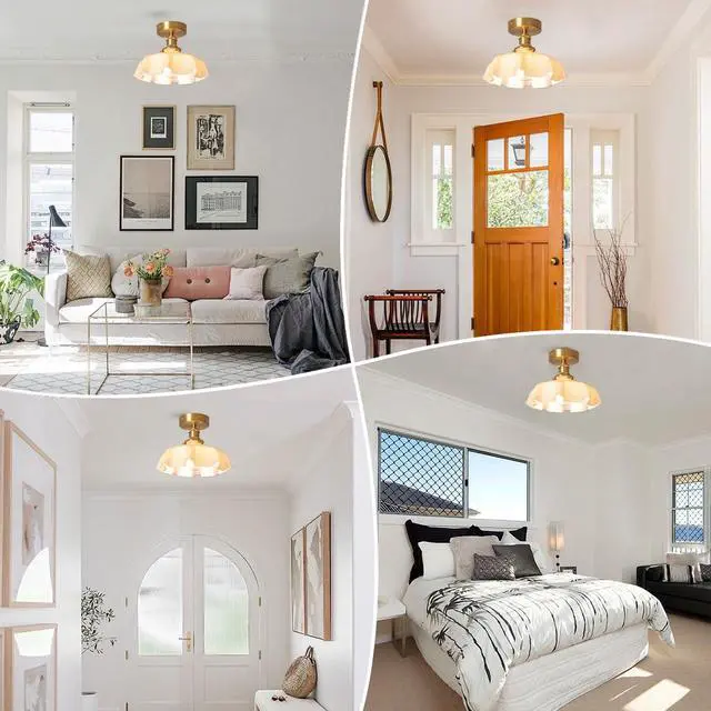 Alt view image 4 of 7 - Flush Mount Ceiling Light Gold Brass Ceiling Light Fixtures Milk Glass Shade 1-Light Modern Close to Ceiling Light Mid Century Ceiling Pendant Lamp for Hallway Dining Room Bedroom