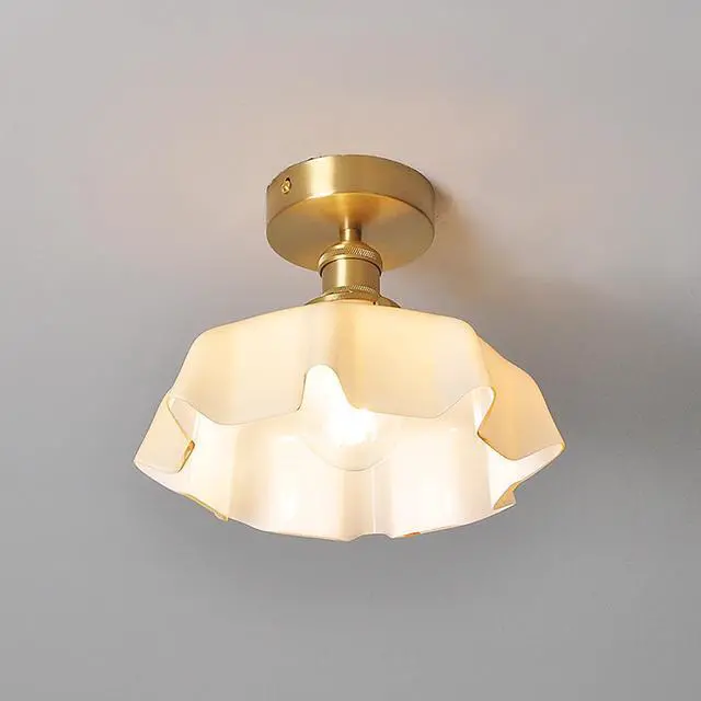 Alt view image 6 of 7 - Flush Mount Ceiling Light Gold Brass Ceiling Light Fixtures Milk Glass Shade 1-Light Modern Close to Ceiling Light Mid Century Ceiling Pendant Lamp for Hallway Dining Room Bedroom