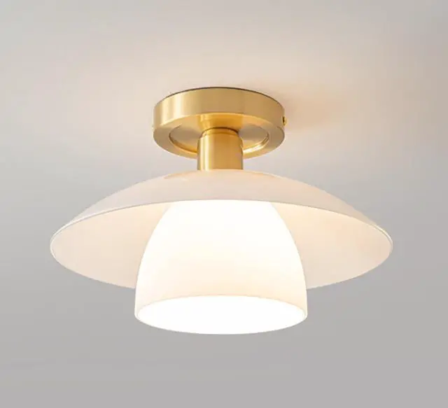 Main image of Mid Century Flush Mount Ceiling Light 1-Light Glass Close to Ceiling Lights Fixtures Milky White Glass 2-Layer Shade Modern Gold Brass Ceiling Lamp Hallway Bedroom Dining Room
