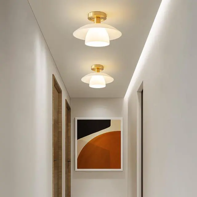 Alt view image 3 of 7 - Mid Century Flush Mount Ceiling Light 1-Light Glass Close to Ceiling Lights Fixtures Milky White Glass 2-Layer Shade Modern Gold Brass Ceiling Lamp Hallway Bedroom Dining Room