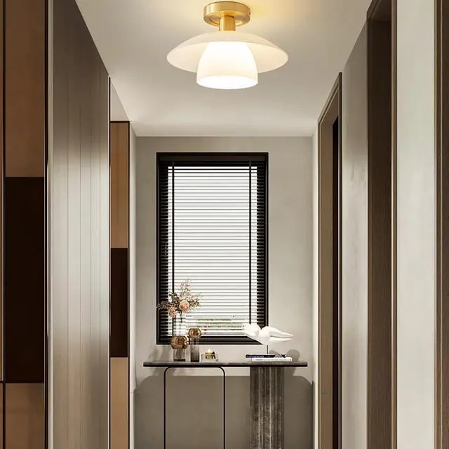 Alt view image 4 of 7 - Mid Century Flush Mount Ceiling Light 1-Light Glass Close to Ceiling Lights Fixtures Milky White Glass 2-Layer Shade Modern Gold Brass Ceiling Lamp Hallway Bedroom Dining Room