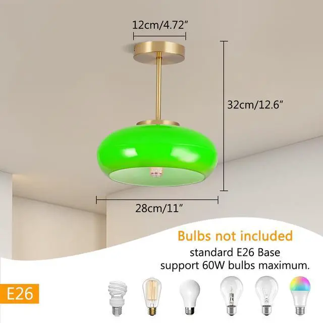 Alt view image 2 of 7 - Glass Ceiling Light Modern Semi Flush Mount Ceiling Light Fixture with Green Dome Glass Shade Mid Century 1-Light Gold Close to Ceiling Light for Hallway Living Dining Room Entrance
