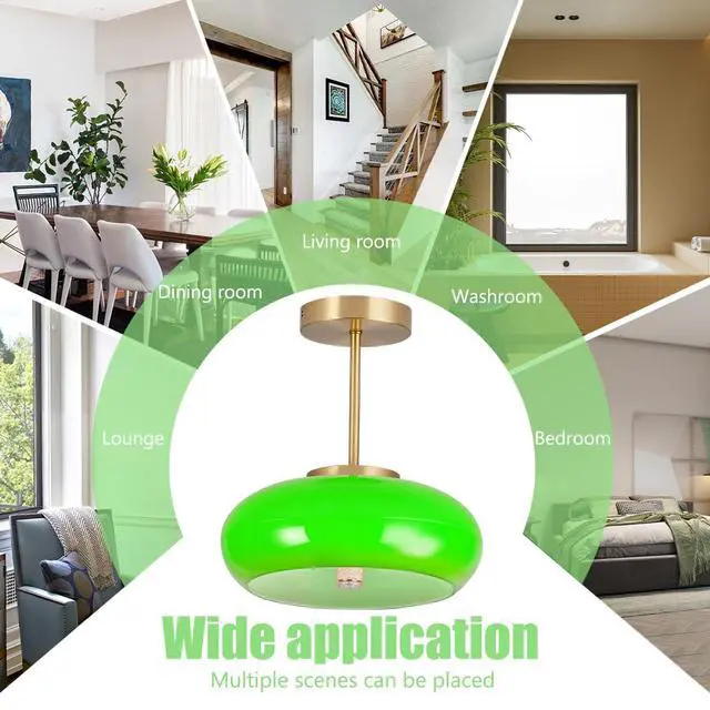 Alt view image 3 of 7 - Glass Ceiling Light Modern Semi Flush Mount Ceiling Light Fixture with Green Dome Glass Shade Mid Century 1-Light Gold Close to Ceiling Light for Hallway Living Dining Room Entrance
