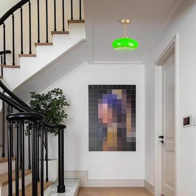 Alt view image 4 of 7 - Glass Ceiling Light Modern Semi Flush Mount Ceiling Light Fixture with Green Dome Glass Shade Mid Century 1-Light Gold Close to Ceiling Light for Hallway Living Dining Room Entrance