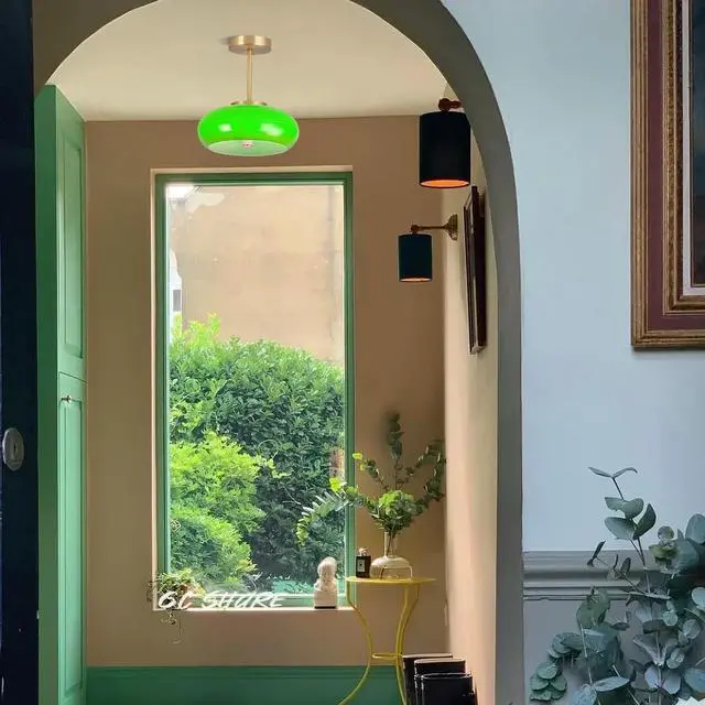 Alt view image 5 of 7 - Glass Ceiling Light Modern Semi Flush Mount Ceiling Light Fixture with Green Dome Glass Shade Mid Century 1-Light Gold Close to Ceiling Light for Hallway Living Dining Room Entrance