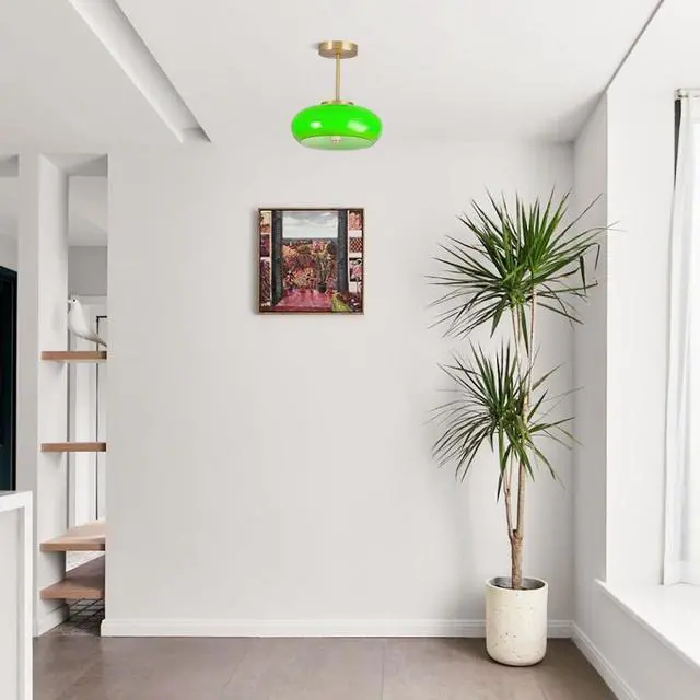 Alt view image 6 of 7 - Glass Ceiling Light Modern Semi Flush Mount Ceiling Light Fixture with Green Dome Glass Shade Mid Century 1-Light Gold Close to Ceiling Light for Hallway Living Dining Room Entrance