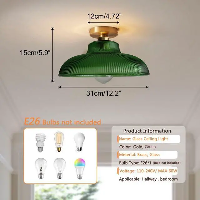 Alt view image 2 of 7 - Glass Green Flush Mount Ceiling Light Gold Brass Ceiling Light Fixtures with 12.2" Dome Glass Shade Nordic Modern Ceiling Lamp for Hallway Foyer Bedroom Kitchen Dining Room