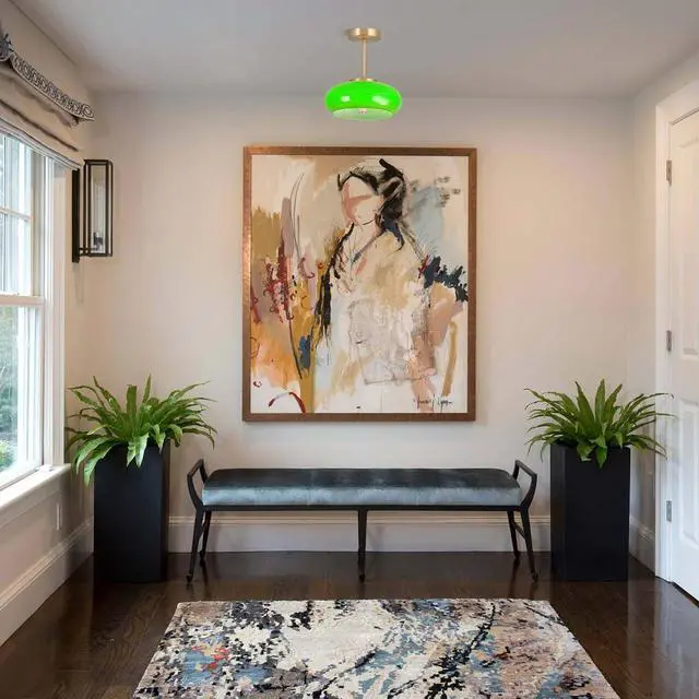 Alt view image 7 of 7 - Glass Ceiling Light Modern Semi Flush Mount Ceiling Light Fixture with Green Dome Glass Shade Mid Century 1-Light Gold Close to Ceiling Light for Hallway Living Dining Room Entrance