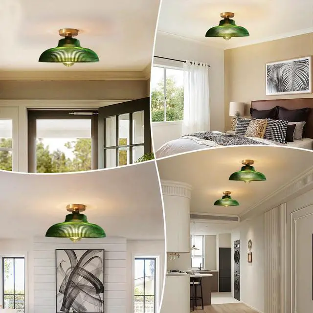 Alt view image 4 of 7 - Glass Green Flush Mount Ceiling Light Gold Brass Ceiling Light Fixtures with 12.2" Dome Glass Shade Nordic Modern Ceiling Lamp for Hallway Foyer Bedroom Kitchen Dining Room