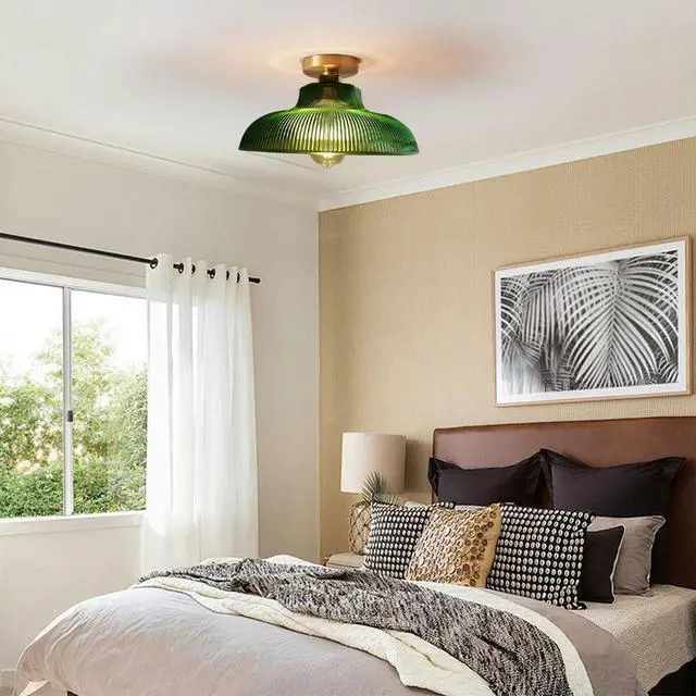 Alt view image 3 of 7 - Glass Green Flush Mount Ceiling Light Gold Brass Ceiling Light Fixtures with 12.2" Dome Glass Shade Nordic Modern Ceiling Lamp for Hallway Foyer Bedroom Kitchen Dining Room