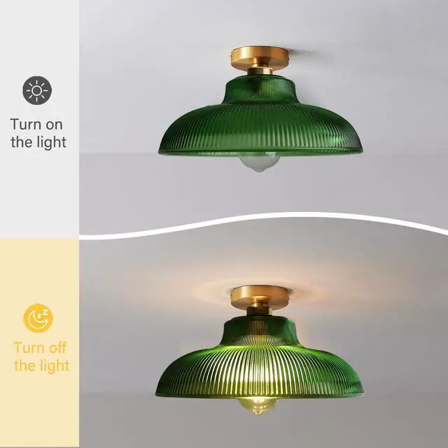 Alt view image 5 of 7 - Glass Green Flush Mount Ceiling Light Gold Brass Ceiling Light Fixtures with 12.2" Dome Glass Shade Nordic Modern Ceiling Lamp for Hallway Foyer Bedroom Kitchen Dining Room
