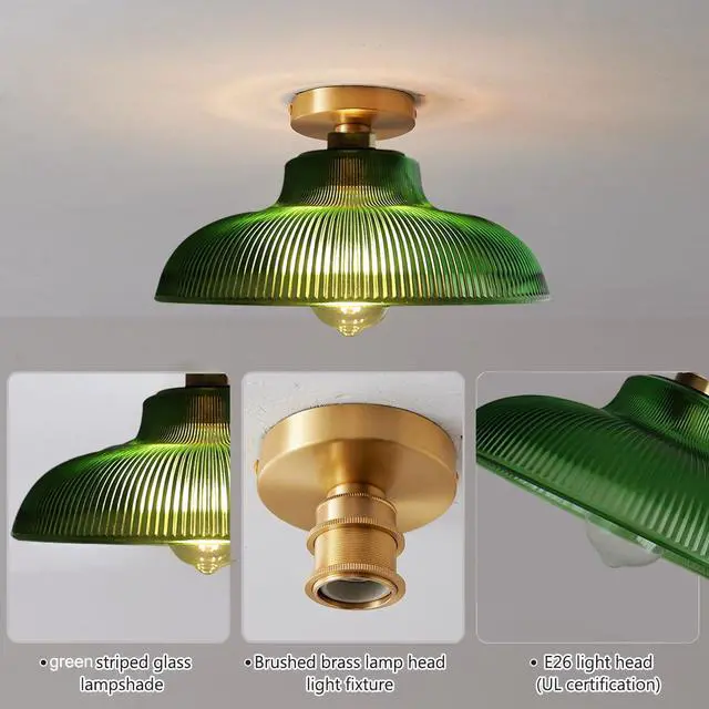 Alt view image 6 of 7 - Glass Green Flush Mount Ceiling Light Gold Brass Ceiling Light Fixtures with 12.2" Dome Glass Shade Nordic Modern Ceiling Lamp for Hallway Foyer Bedroom Kitchen Dining Room