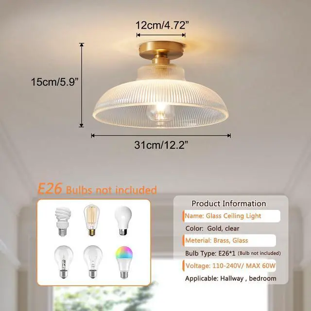 Alt view image 2 of 7 - Glass mid Century Ceiling Light Brushed Brass Gold Flush Mount Ceiling Light with 12.2" Clear Glass Shade Vintage Modern Ceiling Lights for Hallway Foyer Bedroom Dining Room Kitchen