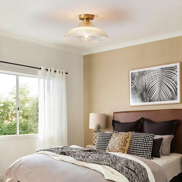 Alt view image 3 of 7 - Glass mid Century Ceiling Light Brushed Brass Gold Flush Mount Ceiling Light with 12.2" Clear Glass Shade Vintage Modern Ceiling Lights for Hallway Foyer Bedroom Dining Room Kitchen