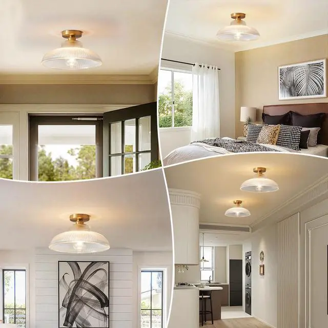 Alt view image 4 of 7 - Glass mid Century Ceiling Light Brushed Brass Gold Flush Mount Ceiling Light with 12.2" Clear Glass Shade Vintage Modern Ceiling Lights for Hallway Foyer Bedroom Dining Room Kitchen