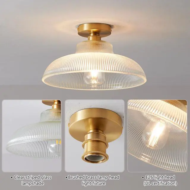 Alt view image 7 of 7 - Glass mid Century Ceiling Light Brushed Brass Gold Flush Mount Ceiling Light with 12.2" Clear Glass Shade Vintage Modern Ceiling Lights for Hallway Foyer Bedroom Dining Room Kitchen