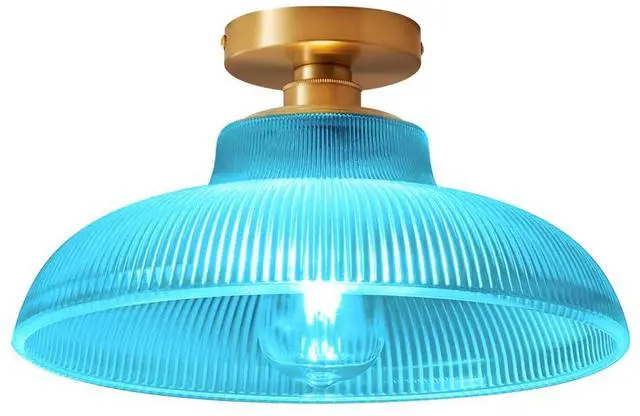 Main image of Blue Ceiling Light Glass Flush Mount Ceiling Light with 12.2" Dome Glass Shade Brushed Brass Gold Ceiling Lamp Mid Century Vintage Ceiling Lights for Hallway Foyer Bedroom Kitchen