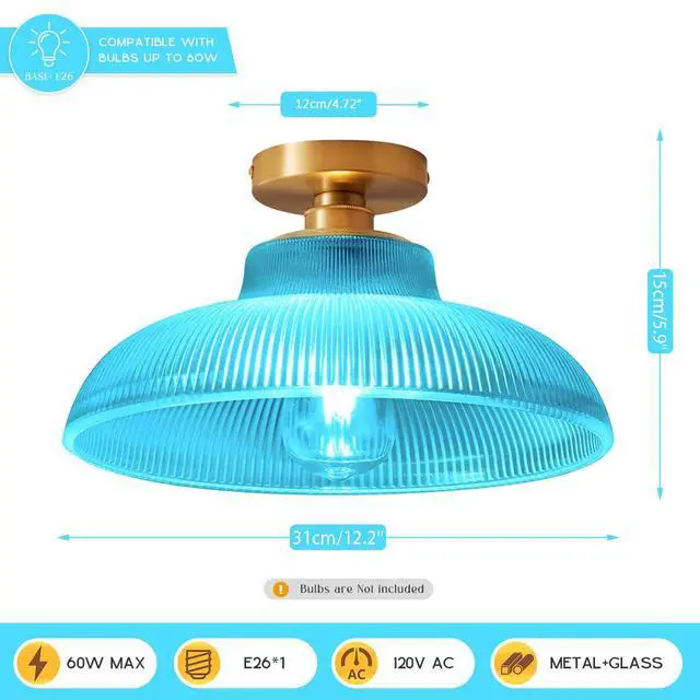 Alt view image 2 of 7 - Blue Ceiling Light Glass Flush Mount Ceiling Light with 12.2" Dome Glass Shade Brushed Brass Gold Ceiling Lamp Mid Century Vintage Ceiling Lights for Hallway Foyer Bedroom Kitchen