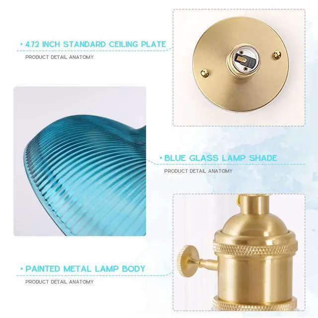 Alt view image 3 of 7 - Blue Ceiling Light Glass Flush Mount Ceiling Light with 12.2" Dome Glass Shade Brushed Brass Gold Ceiling Lamp Mid Century Vintage Ceiling Lights for Hallway Foyer Bedroom Kitchen
