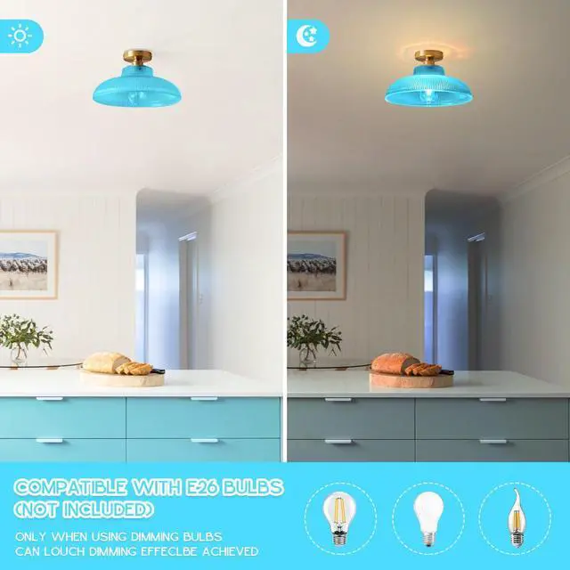 Alt view image 4 of 7 - Blue Ceiling Light Glass Flush Mount Ceiling Light with 12.2" Dome Glass Shade Brushed Brass Gold Ceiling Lamp Mid Century Vintage Ceiling Lights for Hallway Foyer Bedroom Kitchen
