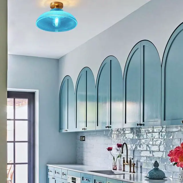 Alt view image 6 of 7 - Blue Ceiling Light Glass Flush Mount Ceiling Light with 12.2" Dome Glass Shade Brushed Brass Gold Ceiling Lamp Mid Century Vintage Ceiling Lights for Hallway Foyer Bedroom Kitchen