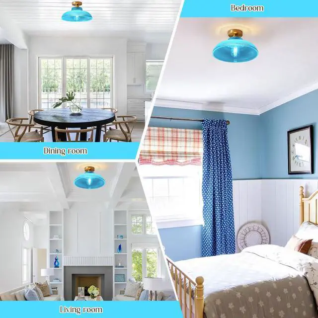 Alt view image 7 of 7 - Blue Ceiling Light Glass Flush Mount Ceiling Light with 12.2" Dome Glass Shade Brushed Brass Gold Ceiling Lamp Mid Century Vintage Ceiling Lights for Hallway Foyer Bedroom Kitchen
