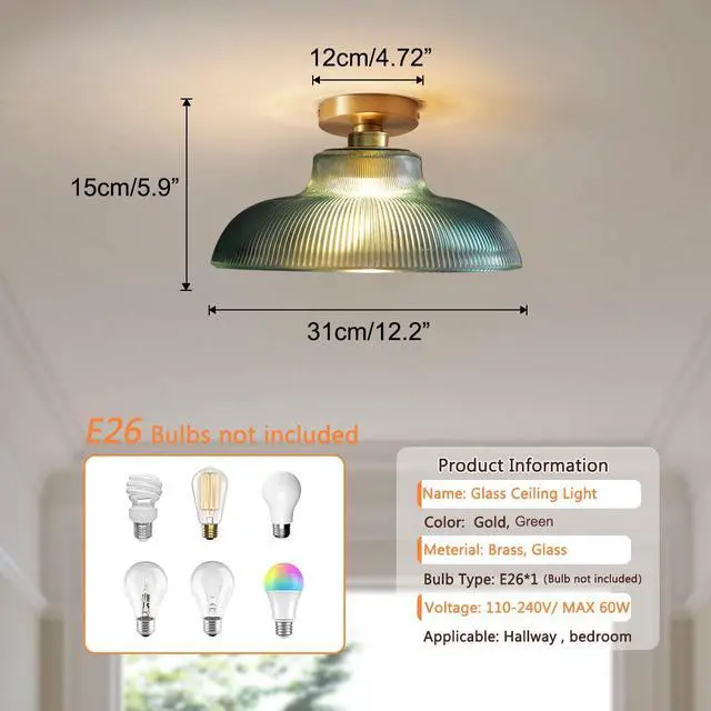 Alt view image 2 of 7 - Glass Modern Ceiling Light Brushed Brass Gold Flush Mount Ceiling Light with 12.2" Green Glass Shade mid Century Vintage Ceiling Lights for Hallway Foyer Bedroom Dining Room Kitchen (Green)
