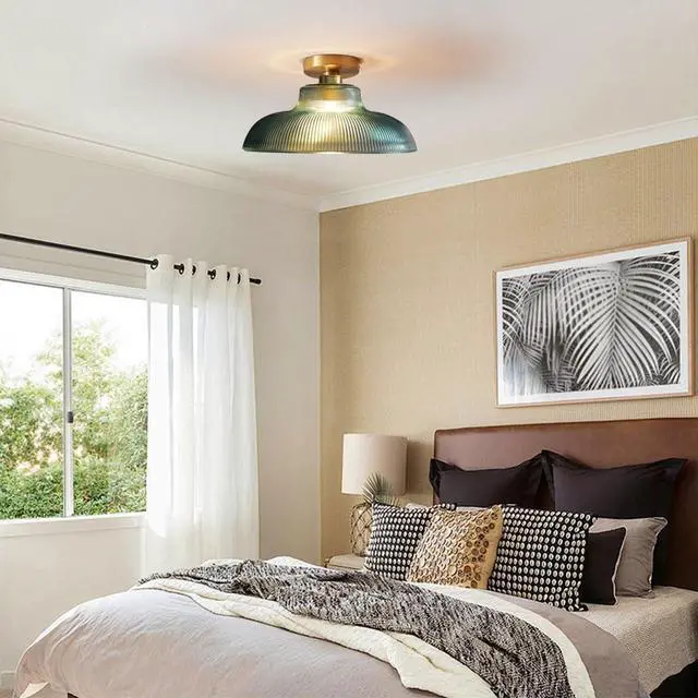 Alt view image 3 of 7 - Glass Modern Ceiling Light Brushed Brass Gold Flush Mount Ceiling Light with 12.2" Green Glass Shade mid Century Vintage Ceiling Lights for Hallway Foyer Bedroom Dining Room Kitchen (Green)