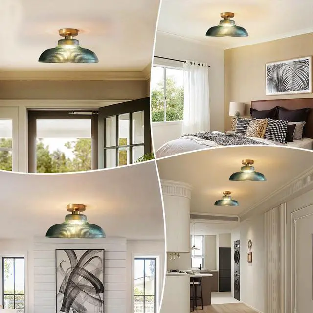 Alt view image 4 of 7 - Glass Modern Ceiling Light Brushed Brass Gold Flush Mount Ceiling Light with 12.2" Green Glass Shade mid Century Vintage Ceiling Lights for Hallway Foyer Bedroom Dining Room Kitchen (Green)