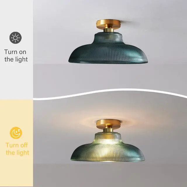 Alt view image 6 of 7 - Glass Modern Ceiling Light Brushed Brass Gold Flush Mount Ceiling Light with 12.2" Green Glass Shade mid Century Vintage Ceiling Lights for Hallway Foyer Bedroom Dining Room Kitchen (Green)