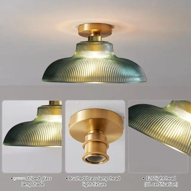 Alt view image 7 of 7 - Glass Modern Ceiling Light Brushed Brass Gold Flush Mount Ceiling Light with 12.2" Green Glass Shade mid Century Vintage Ceiling Lights for Hallway Foyer Bedroom Dining Room Kitchen (Green)