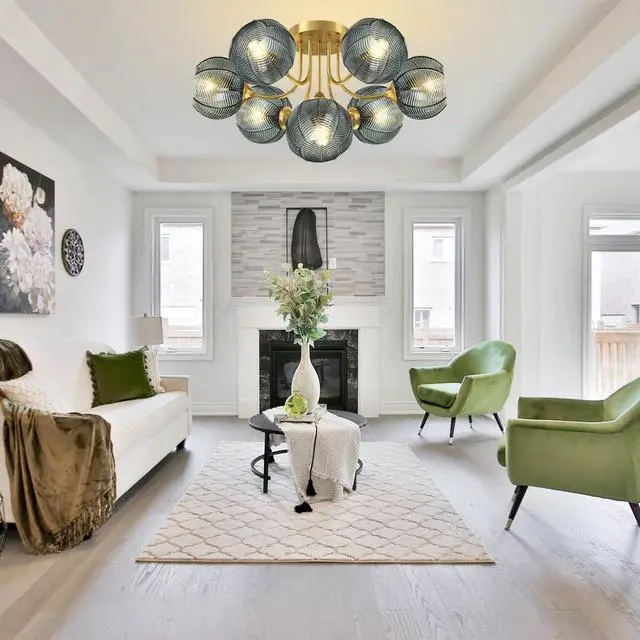 Alt view image 3 of 7 - Mid Century Modern Chandelier Green Glass 7-Light Sputnik Chandelier | 5.9" Ribbed Glass Flush Mount Ceiling Lights Vintage Globe Lamp Shade Gold Chandeliers for Dining Room Living room farmhouse