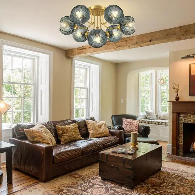 Alt view image 4 of 7 - Mid Century Modern Chandelier Green Glass 7-Light Sputnik Chandelier | 5.9" Ribbed Glass Flush Mount Ceiling Lights Vintage Globe Lamp Shade Gold Chandeliers for Dining Room Living room farmhouse