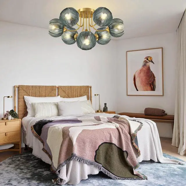 Alt view image 6 of 7 - Mid Century Modern Chandelier Green Glass 7-Light Sputnik Chandelier | 5.9" Ribbed Glass Flush Mount Ceiling Lights Vintage Globe Lamp Shade Gold Chandeliers for Dining Room Living room farmhouse