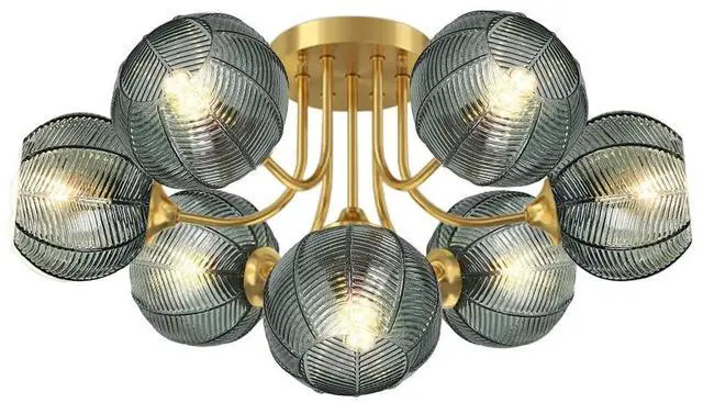 Main image of Mid Century Modern Chandelier Green Glass 7-Light Sputnik Chandelier | 5.9" Ribbed Glass Flush Mount Ceiling Lights Vintage Globe Lamp Shade Gold Chandeliers for Dining Room Living room farmhouse